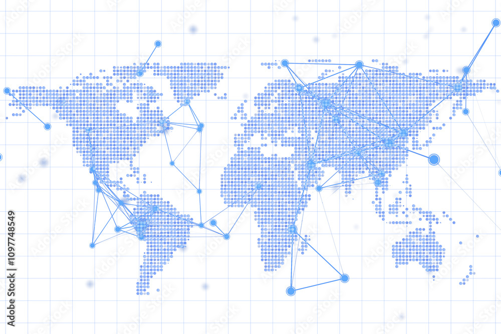 Poster abstract digital world map with dotted continents, connected nodes, grid background, light blue line