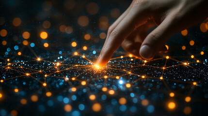 human finger gently touching a glowing network of digital lines and nodes, symbolizing connection, technology, and the convergence of the physical and digital worlds
