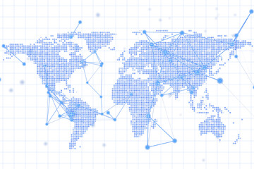 Abstract digital world map with dotted continents, connected nodes, grid background, light blue lines. Concept of global network technology. 3D Rendering.