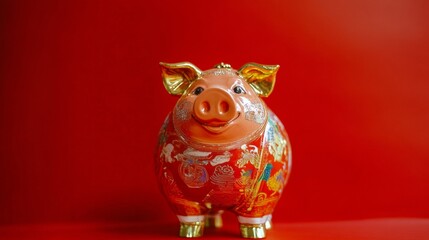 golden pig, solid red background, copy space