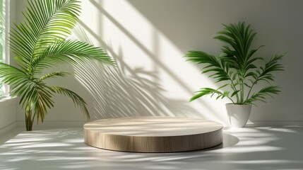 Realistic 3D Round Podium with Natural Lighting and Green Plants in Minimalist Wood Background for Modern Interior Design