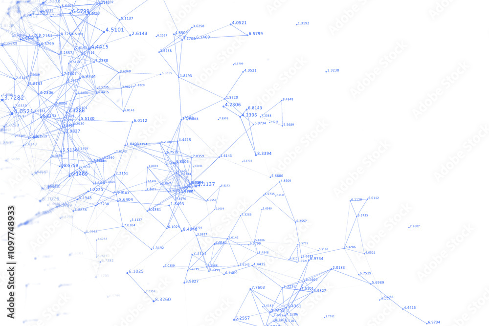 Poster Abstract interconnected blue lines and nodes with numerical points on a white background. Graphic concept of digital data visualization. 3D Rendering.