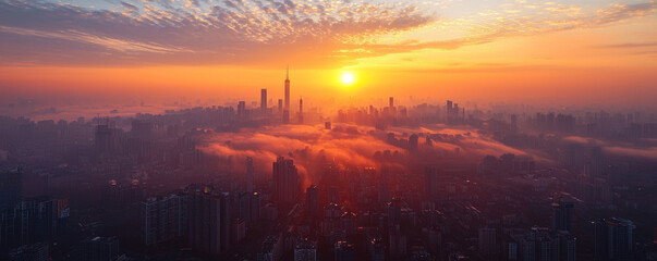 Sunrise over bustling cityscape, showcasing vibrant colors and fog. skyline is illuminated by warm glow of sun, creating serene yet dynamic atmosphere