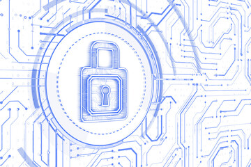 Lock icon with circuit board lines on white, holographic blue aesthetic, symbolizing online...