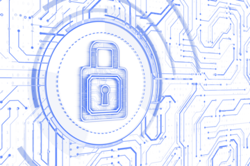 Lock icon with circuit board lines on white, holographic blue aesthetic, symbolizing online security, data protection, and technology. 3D Rendering.