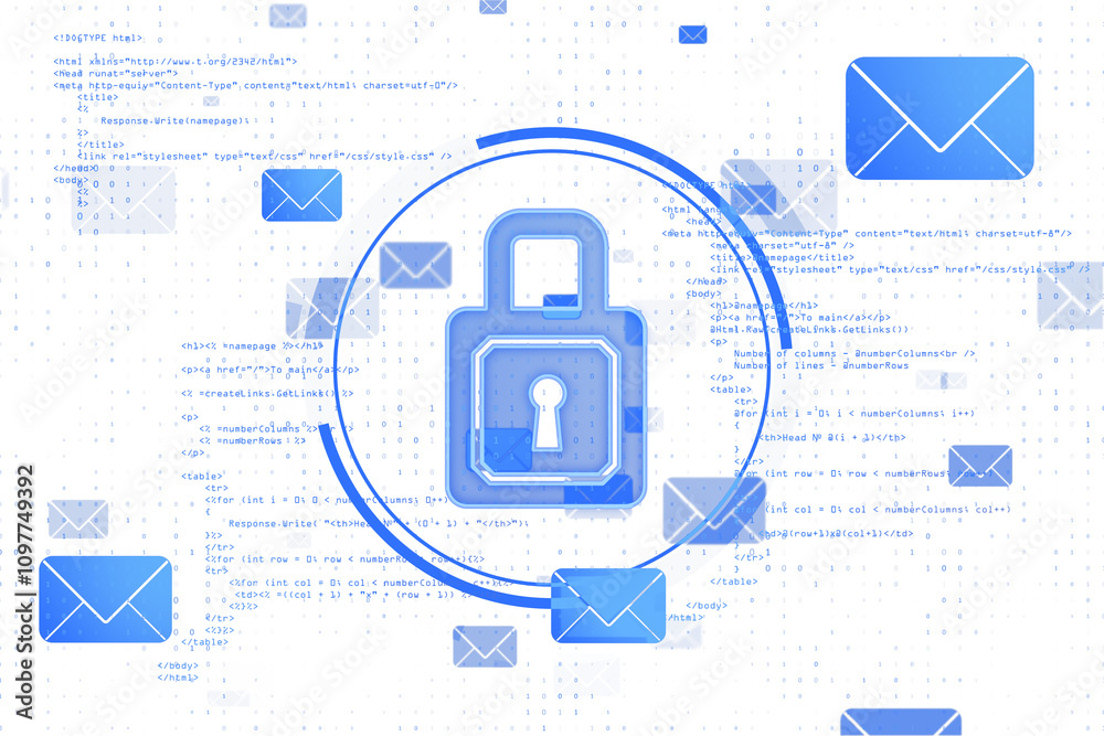 Fototapete A lock icon in neon blue surrounded by digital email symbols and coding script on a white background, concept of online security and data protection. 3D Rendering.