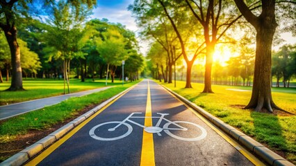 Obraz premium Bicycle Sign on Two-Way Cycling Path in Park - Road Split by Yellow Line - Urban Mobility, Cycling Safety, Recreational Spaces, Eco-Friendly Transport, Public Parks, Outdoor Activities