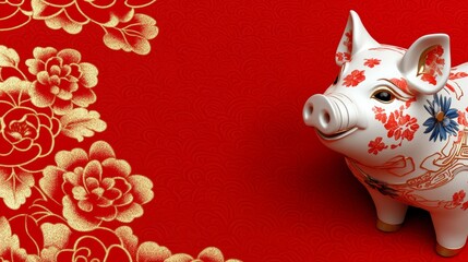 Obraz premium golden pig, solid red background, copy space