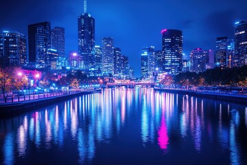 Fototapeta premium Night cityscape with neon lights reflecting in water