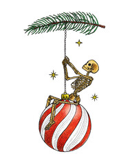 Skeleton swinging on red and white Christmas bauble decoration on white background. Wrecking ball concept, hand-drawn illustration