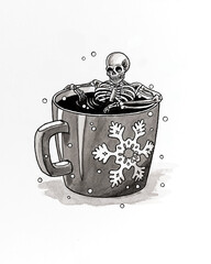Skeleton taking a hot bath in a mug, cold winter concept, hand-drawn illustration