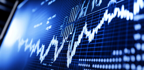Financial market trends display real-time data with fluctuating graphs indicating stock performance