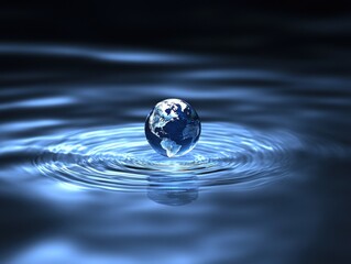 A globe floats in calm water, creating ripples, symbolizing the interconnectedness of the world and nature.