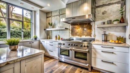 Architectural Photography of a Kitchen with Dirty Stains and Grease on a White Stove, Highlighting the Contrast of Clean Lines and Neglect in Modern Home Design