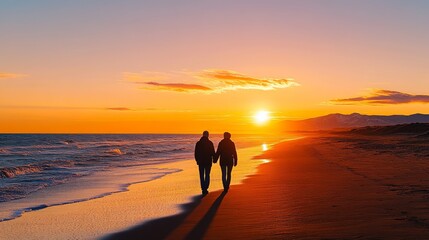 Romantic Sunset Beach Walk Retired Couple Golden Hour Ocean View