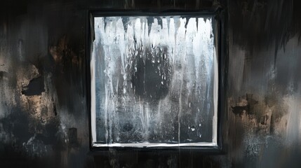 A foggy window in a dimly lit room, with water droplets cascading down, revealing a sense of isolation and mystery.