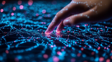 human finger gently touching a glowing network of digital lines and nodes, symbolizing connection, technology, and the convergence of the physical and digital worlds