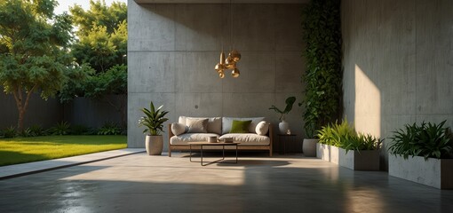 Modern home interior design with garden. Luxury house with empty concrete wall with sun light, green tree and outdoor plants
