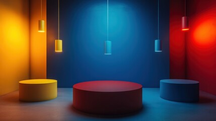 Vibrant 3D Scene with Floating Cylinders in Yellow, Blue, Red and Dark Background, Creating a Realistic Artistic Atmosphere