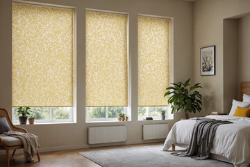 Yellow blackout roller blind with pattern prints on windows in stylish modern living room. Shutters on the plastic window.