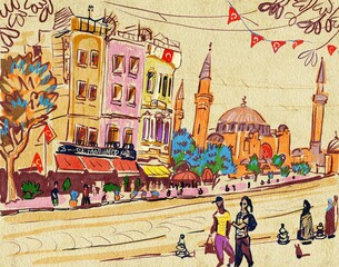 Fototapeta premium Hand drawn illustration. People in Istambul. 