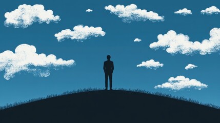 A silhouette of a person stands on a hilltop, gazing at a clear blue sky adorned with fluffy white clouds, evoking a sense of solitude and contemplation.