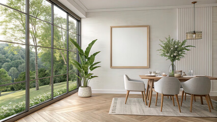 Fototapeta premium View of light wall with empty white frame in interior of eco-dining room in house, wooden table with chairs, 3D rendering,