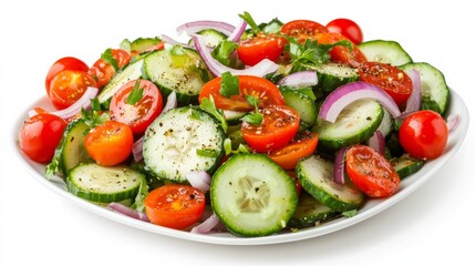 A refreshing cucumber and tomato salad with sliced cucumbers, cherry tomatoes, red onions