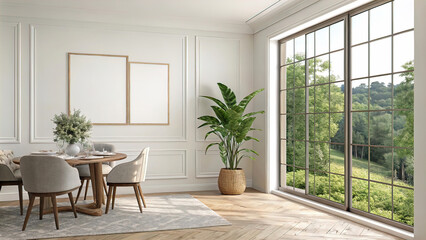 Fototapeta premium View of light wall with empty white frame in interior of eco-dining room in house, wooden table with chairs, 3D rendering,