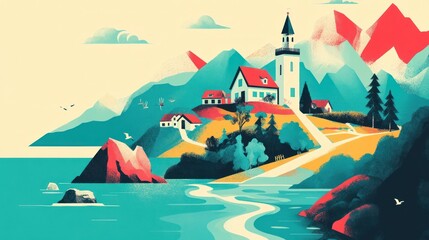 Naklejka premium Coastal Village Serenity: A picturesque seaside town nestled amongst majestic mountains, a vibrant illustration of tranquility and natural beauty.