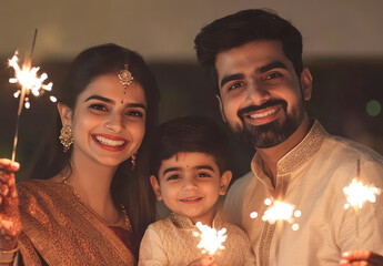 happy indian family celebrating diwali festival at home