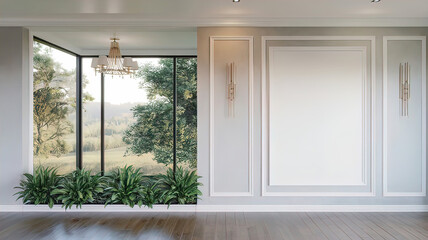 Fototapeta premium View of light wall with empty white frame in interior of eco-dining room in house, wooden table with chairs, 3D rendering,
