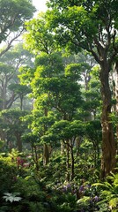A group of coffee tree seedlings growing together in the forest, surrounded by tall trees and lush greenery, foliage, tree