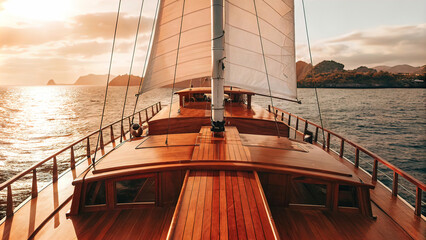 sailing yacht with white sails off the coast of an uninhabited island, white sandy beach surrounded by an island with rocks,