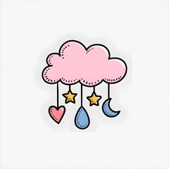 Obraz premium cute cartoon pink cloud with a series of hanging decorations. cloud, pink heart, yellow star, a blue crescent moon, and a blue teardrop-shaped .