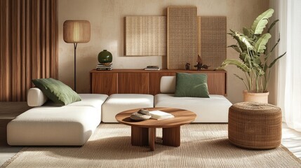 Neutral-toned living room with a modular sofa, wooden coffee table, and woven wall art.  The space is serene and minimalist, featuring natural textures and calming earth tones.