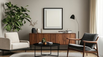 A minimalist living room featuring a beige armchair, a dark gray armchair, and a wooden sideboard with a framed picture above it.