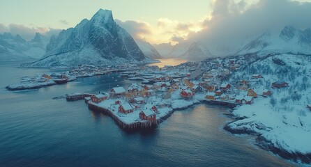 Stunning aerial view of Reine, Lofoten Islands, blanketed in snow and coastal beauty.