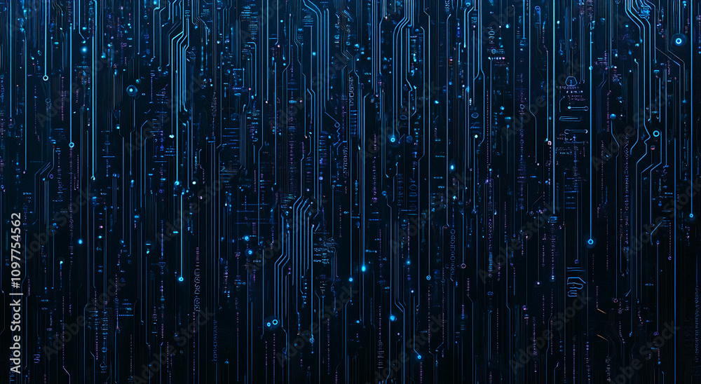 Poster digital circuitry design depicting a futuristic technology landscape with glowing elements on a dark