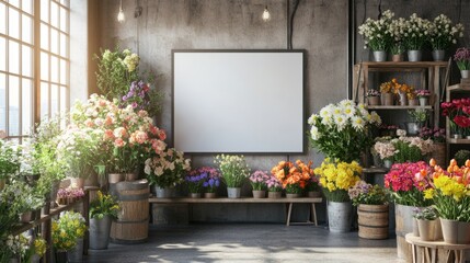 A flower shop workspace featuring a blank lightbox mockup, rustic shelving, and floral arrangements in vibrant colors