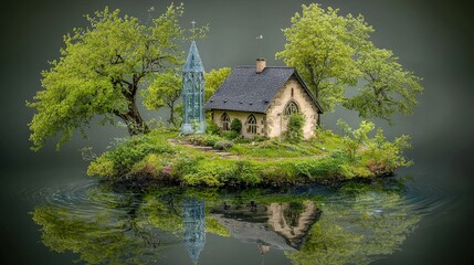 Obraz premium Enchanting Island Cottage Tranquil Lake Lush Greenery Stone House Tower Serene Nature