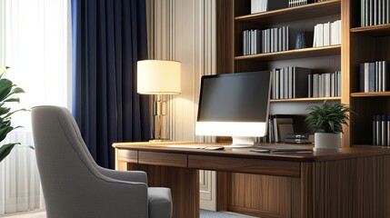 Interior design of office space with wooden desk, stylish gray armchair, navy curtain, modern lamp, computer, wooden bookcase, books, cup, and personal accessories