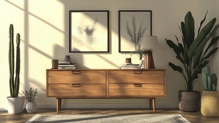 Interior design of Scandinavian living room with stylish wooden commode, mock up poster frames, lamp, book, cacti, decoration, carpet and personal accessories in retro home decor