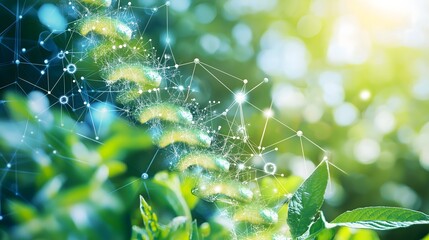 Green caterpillars connected by digital network on plant.