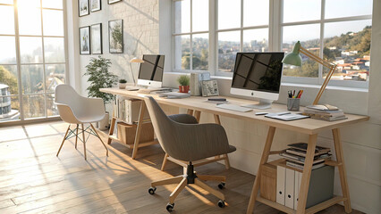 Cozy workspace with modern computers and office tools on a light table, ergonomic office chairs in the office. 3D rendering