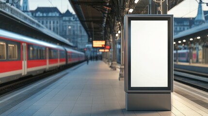 A sleek train station sign mockup with a transparent PNG design, placed on a platform beside a stationary train