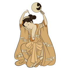 Beautiful Japanese lady wearing kimono doing her hair. Traditional style. Isolated vector illustration.