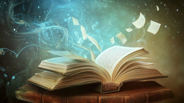 An enchanting open book emits mystical light and floating pages, symbolizing knowledge and imagination.