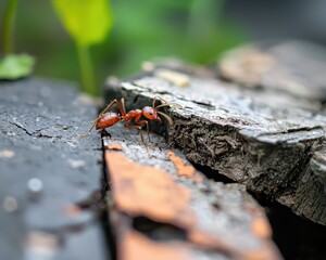 Close-Up View of a Red Ant Crawling on Weathered Wooden Surface
