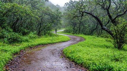 Fototapeta premium Misty Forest Path Solo Hike Nature Trail Green Landscape Winding Road